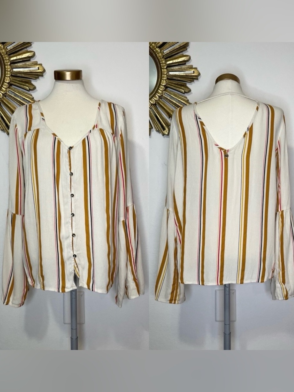 Billabong Button Stripe Bell Sleeve Blouse